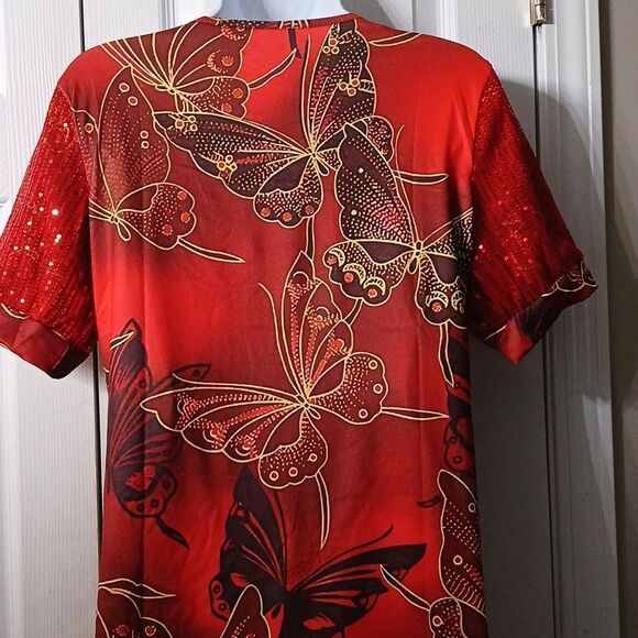Red butterfly print blouse with sequin sleeves Sz M NWOT - Picture 6 of 7
